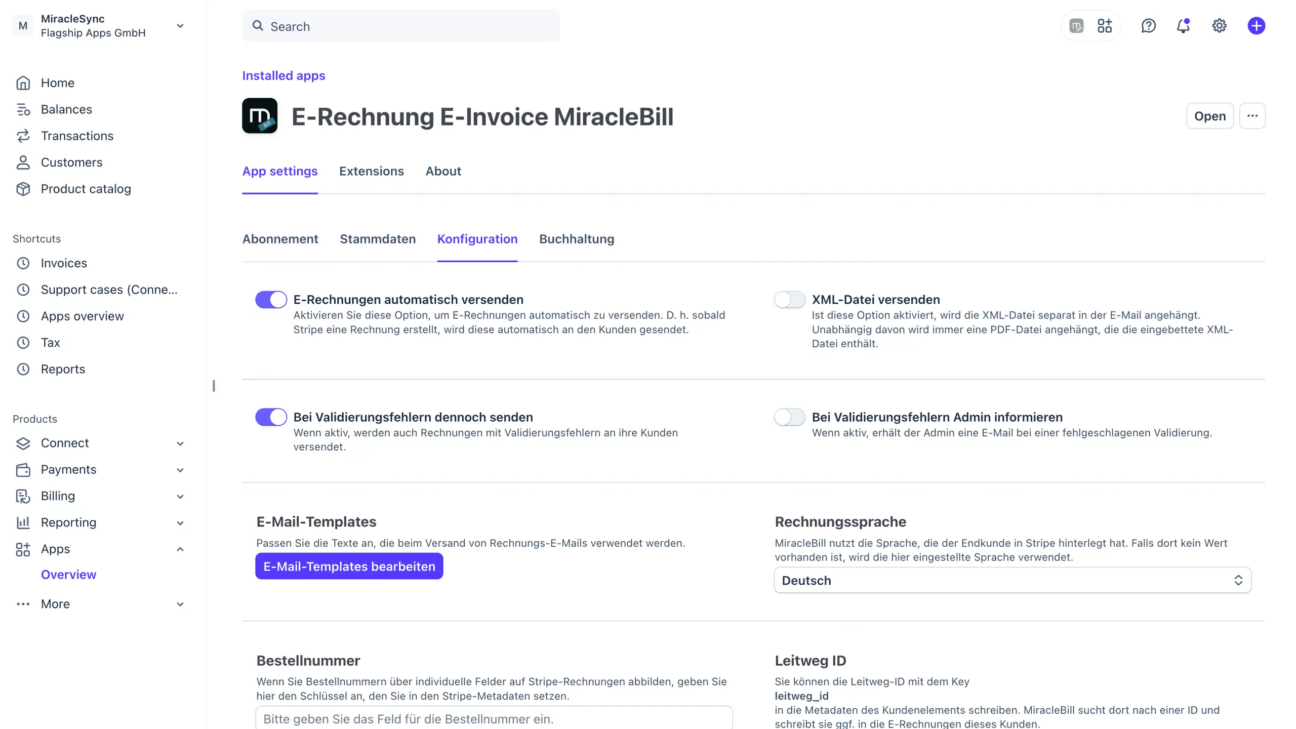 MiracleBill Einstellungen im Stripe-Dashboard